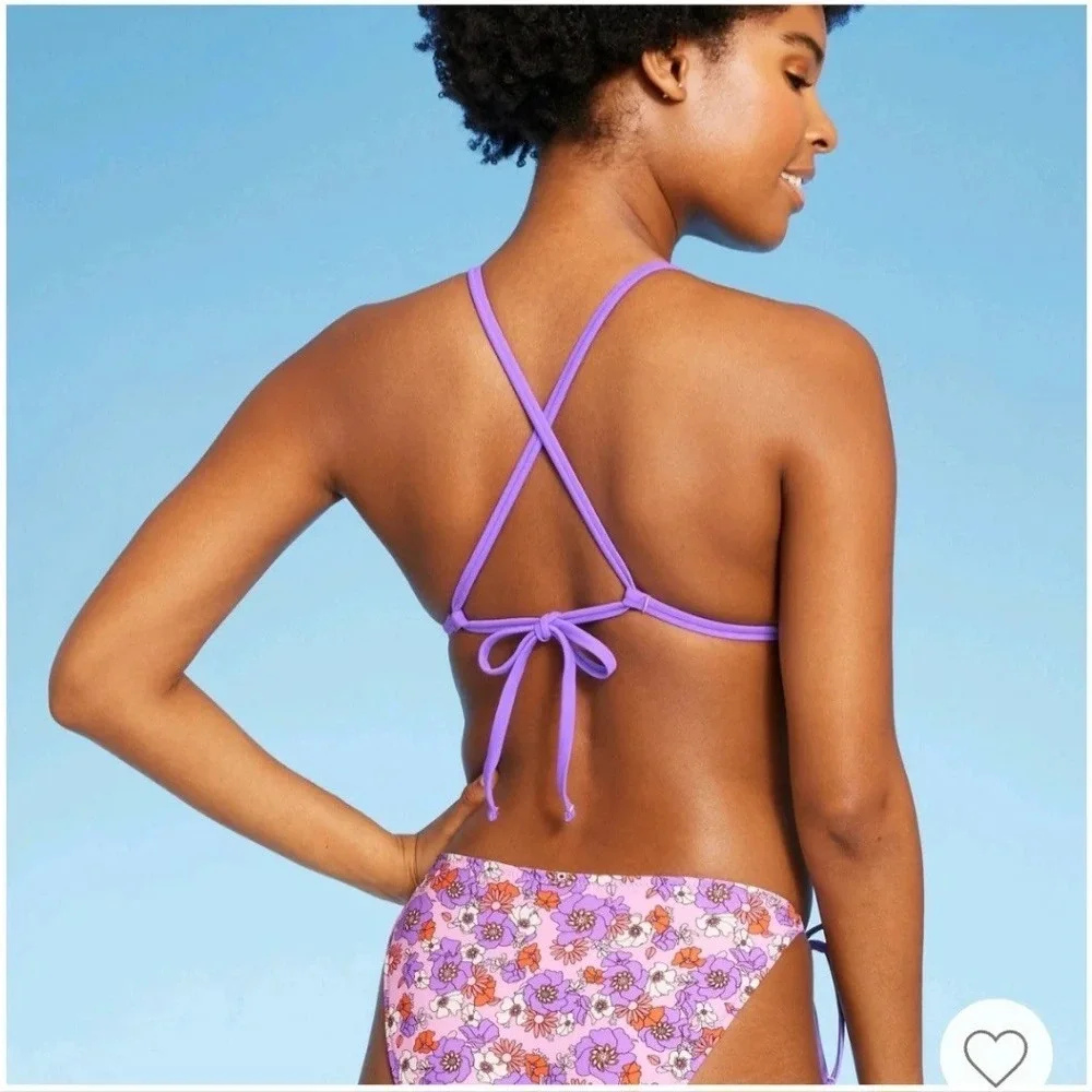Wild Fable Reversible Floral Bikini Set XS Purple Pink Triangle Top Tie Bottoms